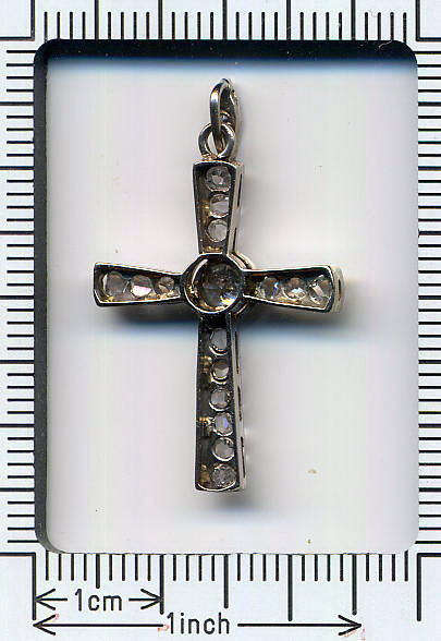 White gold Art deco diamond cross with old mine cut and rose cut diamonds